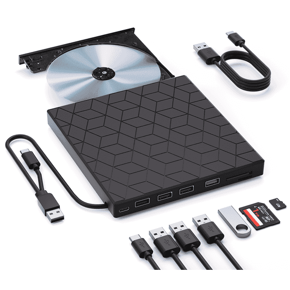 External CD/DVD Drive for Laptop, DVD Player for Laptop, 7 in 1 USB 3.0 Ultra-Slim Portable, CD Burner External Disk Drive Optical Compatible with Desktop Mac,Windows 11/10/8/7 Linux