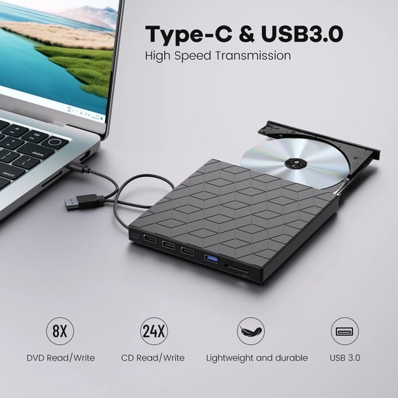 External CD/DVD Drive for Laptop, DVD Player for Laptop, 7 in 1 USB 3.0 Ultra-Slim Portable, CD Burner External Disk Drive Optical Compatible with Desktop Mac,Windows 11/10/8/7 Linux