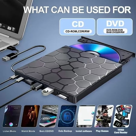External CD/DVD Drive for Laptop, DVD Player for Laptop, 8 in 1 USB 3.0 Ultra-Slim Portable, CD Burner External Disk Drive Optical Compatible with Desktop Mac,Windows 11/10/8/7 Linux