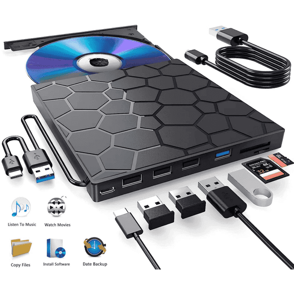Finopo USB 3.0 External CD/DVD Drive, Ultra-Slim Portable, Compatible with Laptop, Desktop, Mac, Windows, Linux