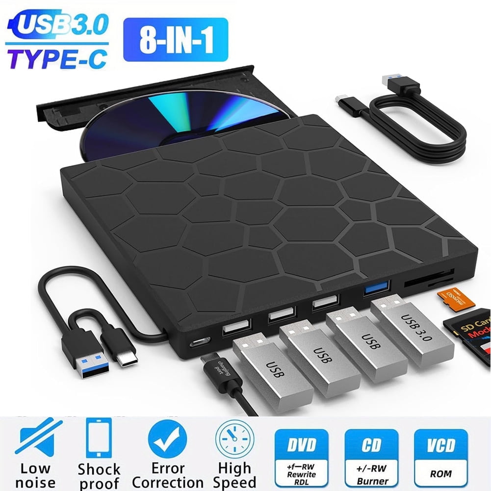 External CD/DVD Drive for Laptop,DVD Player for Laptop,8 in 1 USB 3.0 Ultra-Slim Portable,CD ROM+/-RW Burner External Disk Drive Optical Compatible with Laptop Desktop Mac,OS Windows 11/10/8/7 Linux