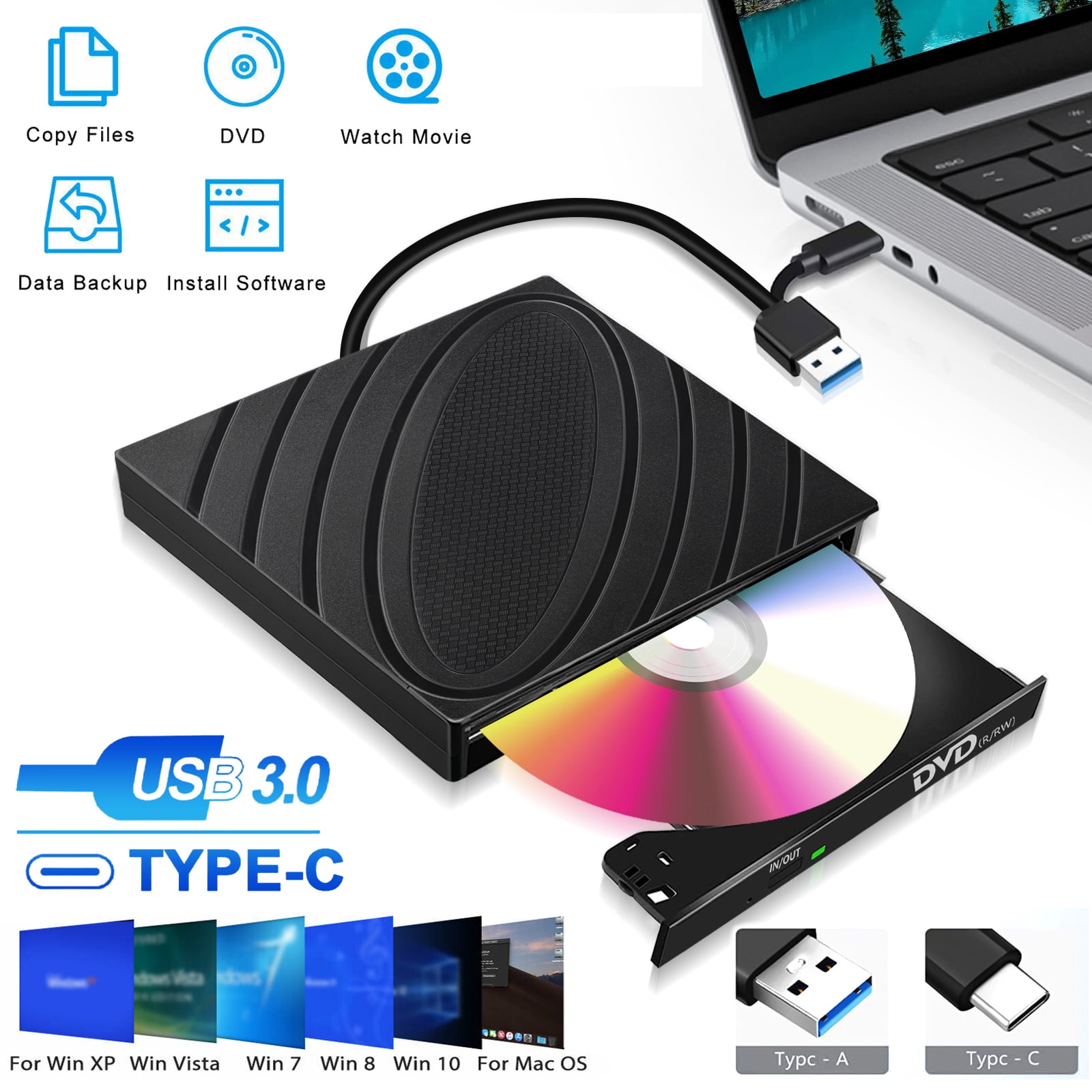 External CD DVD Drive for Laptop, EEEkit USB 2.0/3.0 CD/DVD +/-RW ROM  Reader Writer Burner Player, Portable Slim CD DVD Optical Disk Drive  Compatible
