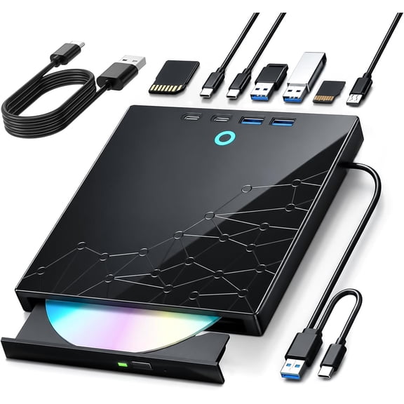 External CD/DVD Drive for Laptop PC, CD Burner CD Reader for Laptop, 8-in-1 USB 3.0 Portable CD Player with SD/TF Card Slots, External Disk Drive Optical for MacBook Windows 11 10 Linux OS