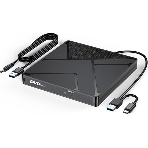 External CD DVD Drive for Laptop PC, USB 3.0 & Type C CD/DVD Burner Disk Optical Reader Player with Power Supply for Lenovo Laptop MacBook Pro Air Mac mini PC, Win11/10/8/7 macOS Linux