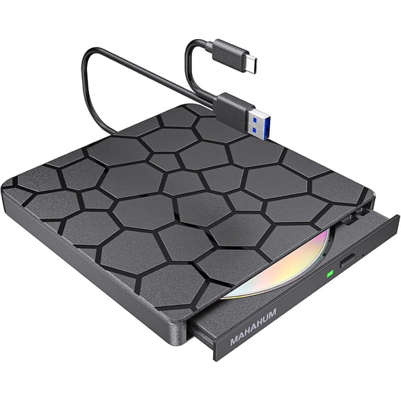 External CD/DVD Drive for Laptop, USB 3.0 & Type-C Portable CD Burner DVD Player, Plug and Play CD Reader Writer for MacBook Pro/Air, Windows 11/10/7, Linux, Ultra Slim Optical Drive