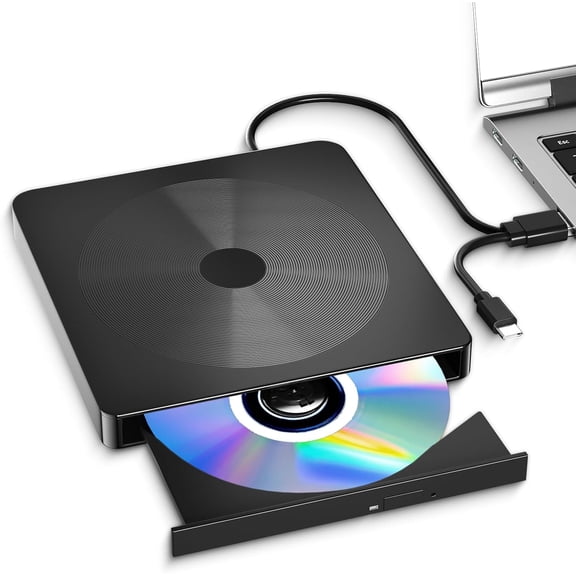 External CD/DVD Drive for Laptop  USB-A & Type-C Portable DVD/CD Burner, Plug & Play Disc Reader, Slim Optical Drive Compatible with Windows PC, Mac, Linux