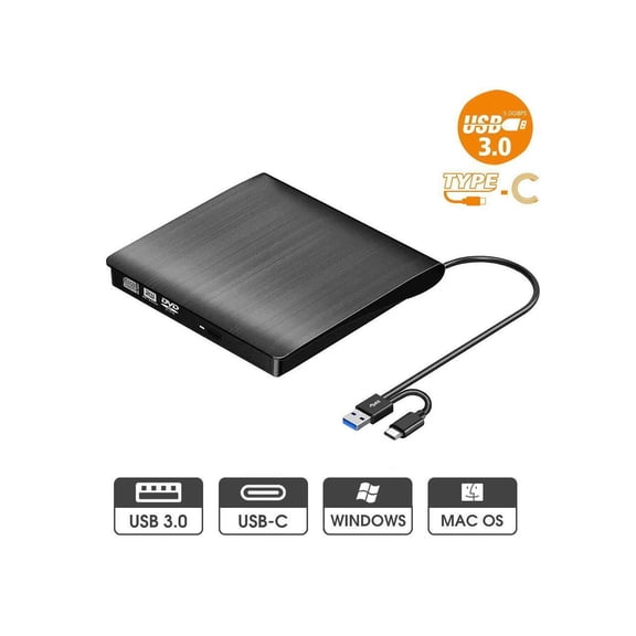 External CD/DVD Drive for Laptop USB-C & USB 3.0 CD/DVD ROM Drive Reader Writer Burner Compatible with Laptop PC MacBook Mac Windows 10/8/7 Linux OS Apple
