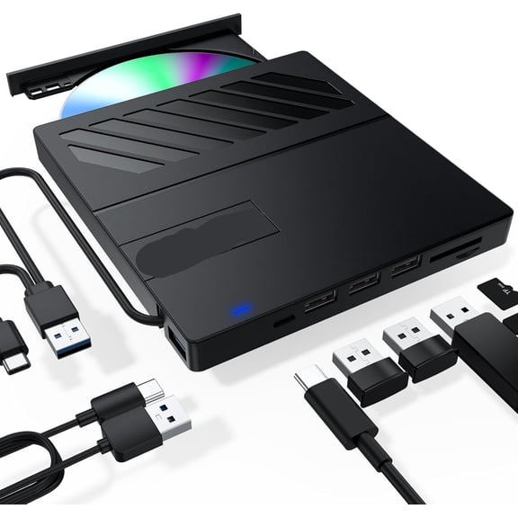 External CD/DVD Drive,USB 3.0 Portable CD DVD Burner Player with 4 USB Ports and 2 TF/SD Card Slots - Silent & Shockproof Tech