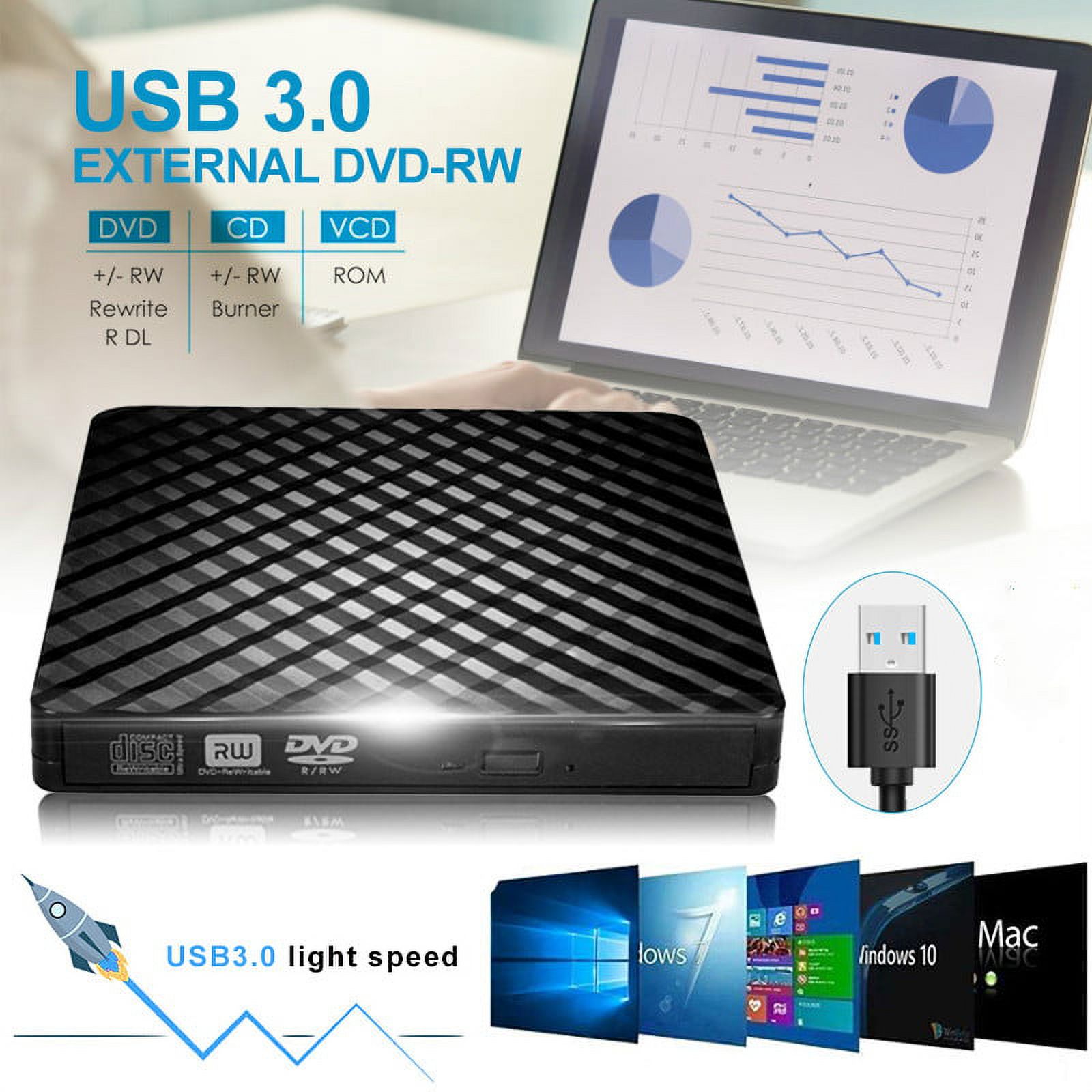 External CD DVD Drive, USB 3.0 Portable CDROM/DVDRW CD Drive for