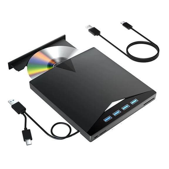 External CD/DVD Drive USB 3.0 Portable DVD Burner with SD/TF Card Reader & 4-Port USB Hub, Compatible with Windows, MacOS, Linux