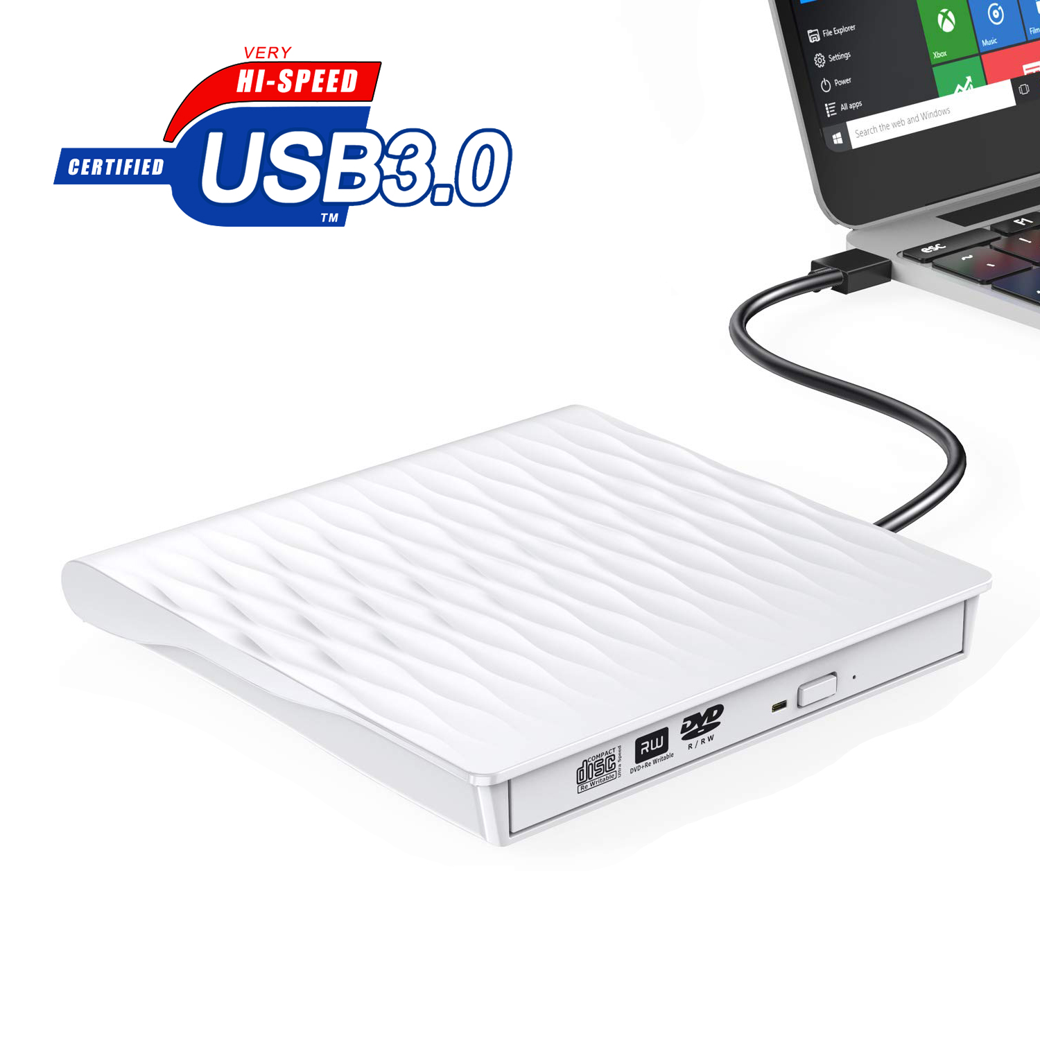 External CD DVD Drive, USB 3.0 Slim Portable External CD DVD Rewriter Burner Writer, High Speed