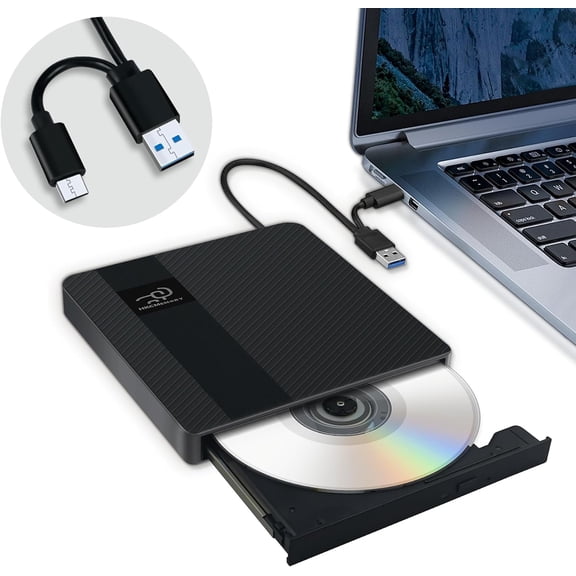 External CD/DVD Drive USB 3.0 & Type-C Slim Portable DVD Player+/-RW Disk Drive CD Burner Writer Reader CD ROM, for Laptop Desktop PC MacBook Mac Windows 11/10/8/7 Linux OS Apple