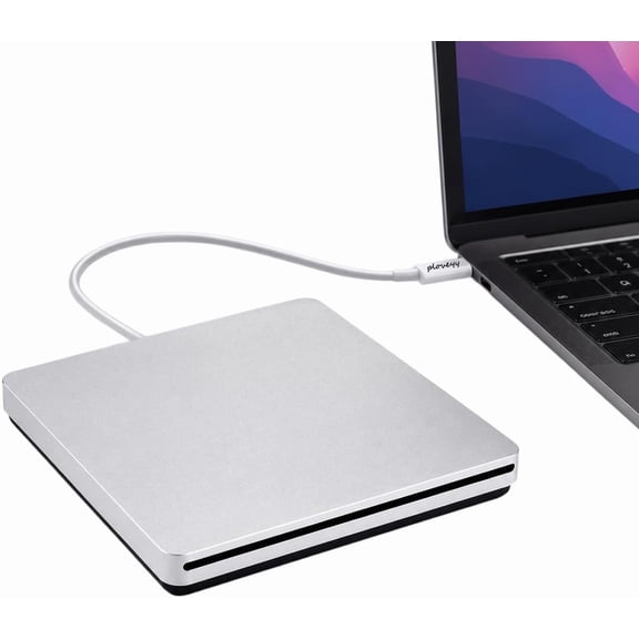 External CD DVD Drive USB-C Superdrive Portabl CD/DVD ROM Optical Drive Player Reader Writer Burner for MacBook Pro Windows 10 Laptop Desktop (Silver)