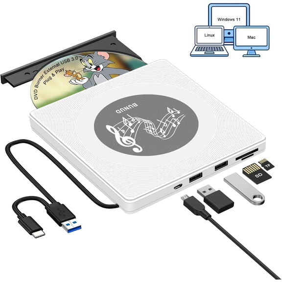 External CD DVD Drive: USB C & USB 3.0 CD Burner DVD Player for Laptop PC Windows 11 Mac Linux - Optical Disc Reader Writer with 2 USB/TF/SD Slots - Plug & Play White