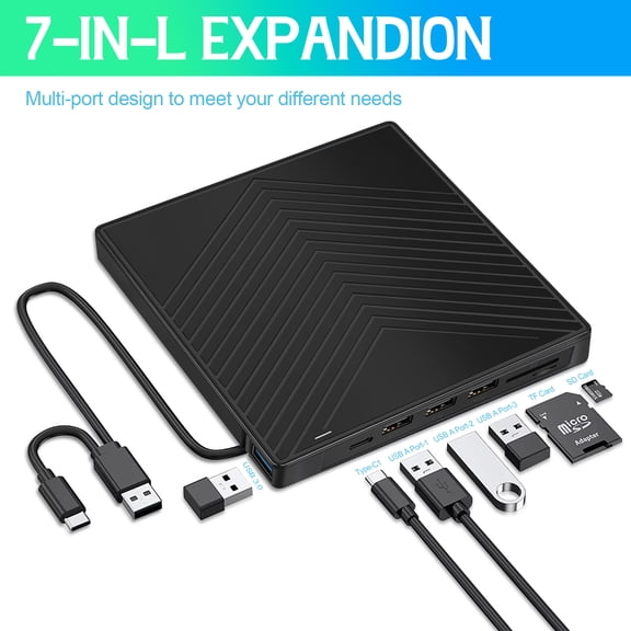 External CD DVD Drive, Ultra Slim CD Burner USB 3.0 with 4 USB Ports and 2 TF/SD Card Reader, Optical Disk Drive for Laptop Mac, PC Windows 11/10/8/7 Linux OS