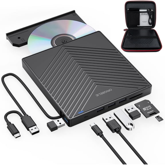 External CD DVD Drive, Ultra Slim CD Burner USB 3.0 with 4 USB Ports and 2 TF/SD Card Slots, Optical Disk Drive for Laptop Mac PC Windows 11/10/8/7 Linux OS with Carrying Case