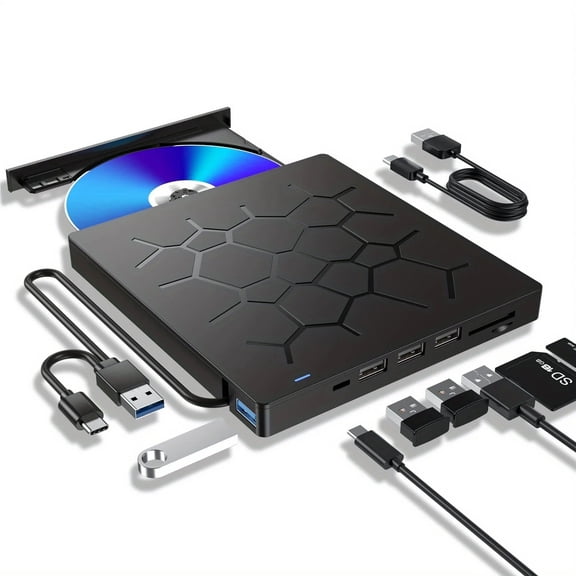 External CD DVD Drive,Ultra Slim CD Burner USB 3.0 with 4 USB Ports and 2 TF/SD Card Slots, Optical Disk Drive for Laptop Mac PC