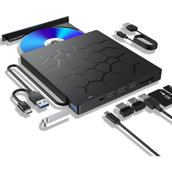 External CD DVD Drive,Ultra Slim CD Burner USB 3.0 with 4 USB Ports and 2 TF/SD Card Slots, Optical Disk Drive for Laptop Mac PC