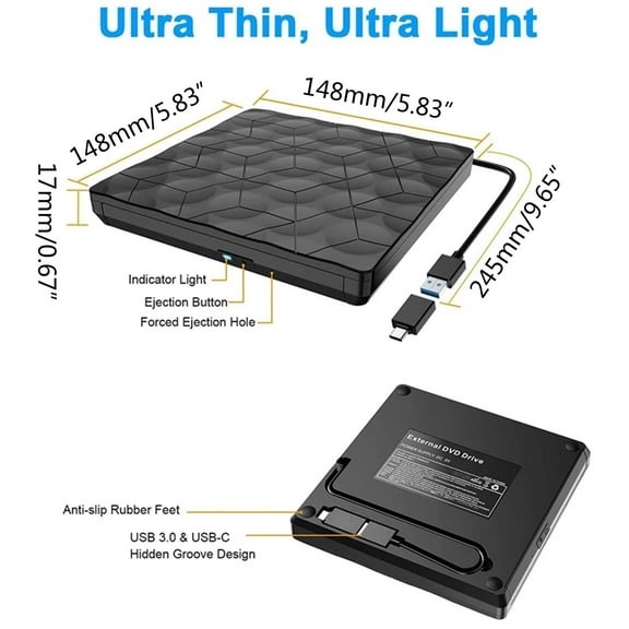 External CD/ DVD Drive for Laptop, DVD Player for Laptop, USB 3.0 Type-C DVD Drive External DVD-RW Player Writer Reader for Burner Driver, Black