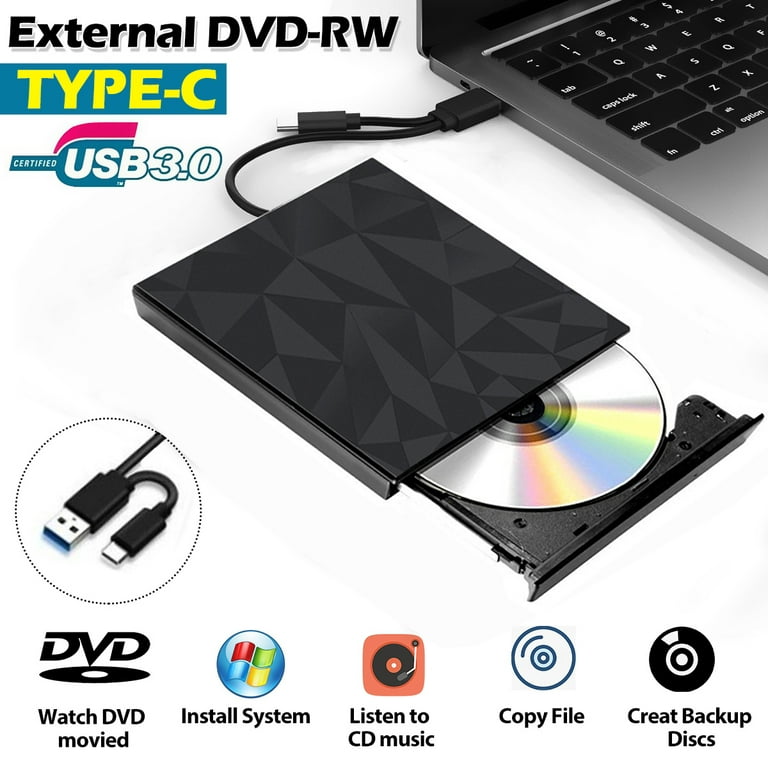 External CD DVD Drive for Laptop, USB 3.0 Type-C Portable Slim CD
