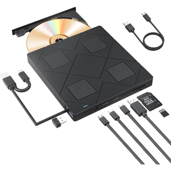 External CD/DVD Drive with 2 USB Ports,2 type-c port and TF/SD Card Slots Portable CD DVD Burner Player for Laptop Desktop PC