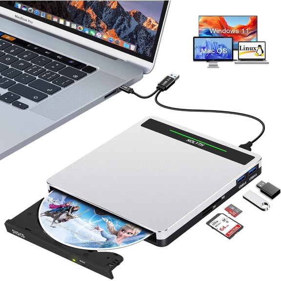 External CD Drive for Laptop: Portable USB3.0 USB C DVD ROM Burner - Optical CD/DVD Player with SD/TF/2 USB Ports Compatible with Apple Mac Linux Windows 11/10/8/7