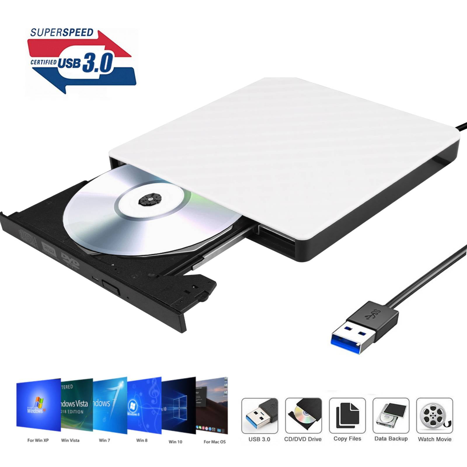 External CD/DVD Drive for Laptop, USB 3.0 CD Burner Portable CD/DVD Optical  Drive Player Reader Writer, Compatible with Laptop Desktop PC MacBook Mac