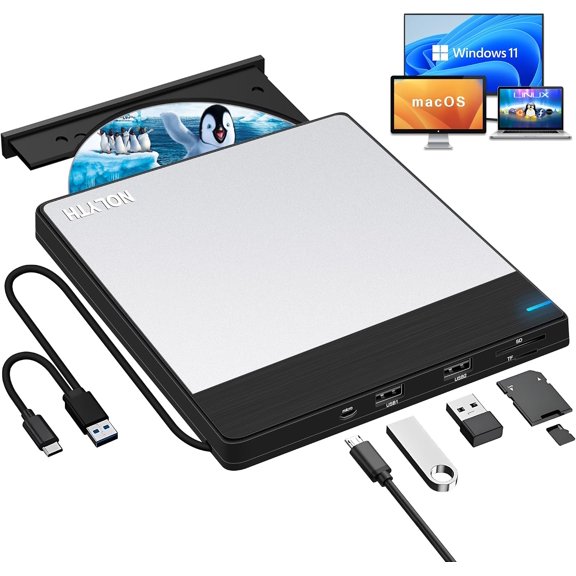 External CD Drive for Laptop: USB 3.0 & USB-C DVD Player Burner Reader for Mac PC Windows 11 with SD/TF/2 USB Ports Portable +/-RW Optical Drive for Apple MacBook