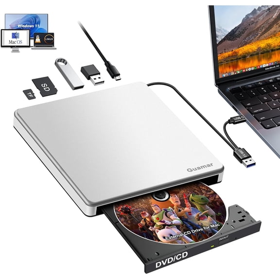 External CD Drive for Mac: Portable DVD Burner Player for Laptop PC Windows 11 with SD/TF Slot 2 USB Ports - USB-C Superdrive for Apple MacBook Plug & Play (Silver)