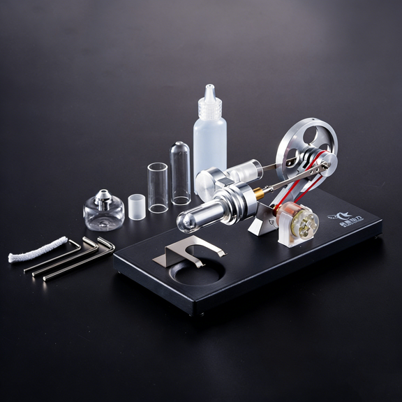 External Combustion Stirling Engine Generator with LED Power Output, Metal Heat Engine Model with Visible Mechanical Motion for Desktop Display