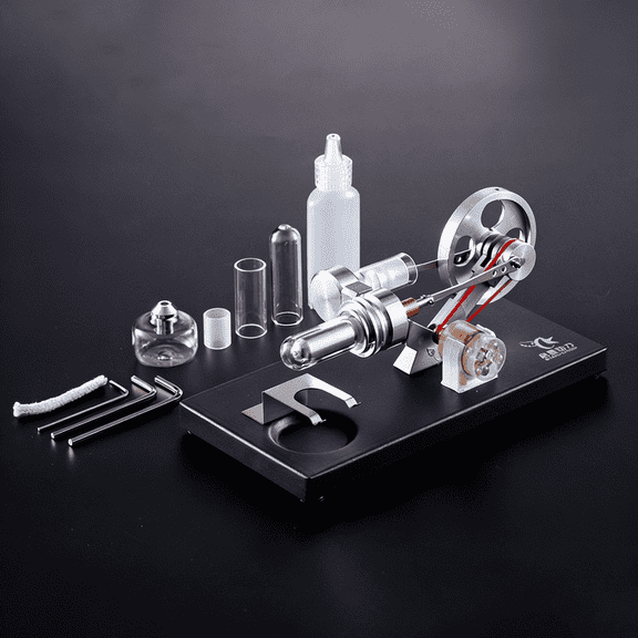 External Combustion Stirling Engine Generator with LED Power Output, Metal Heat Engine Model with Visible Mechanical Motion for Desktop Display