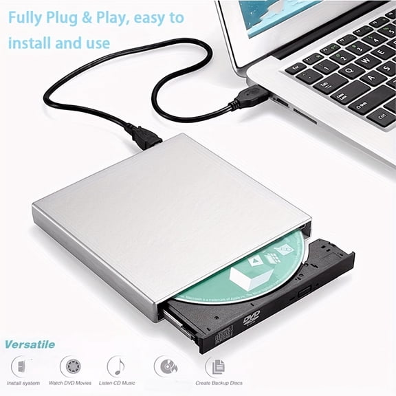 External DVD CD/DVD-ROM CD-RW Player Portable External CD-RW Drive DVD-RW Burner Recorder Player for Laptop Desktop Computer with Storage Bag-Silvery