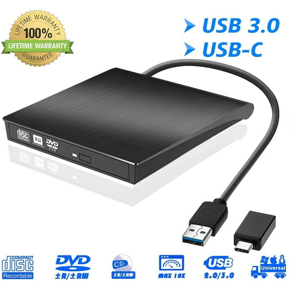 External DVD Drive for Laptop, Portable High-Speed USB-C & USB 3.0 CD Burner/DVD Reader Writer for PC Desktops, Compatible with Windows/Mac OSX/Linux (USB C & 3.0)