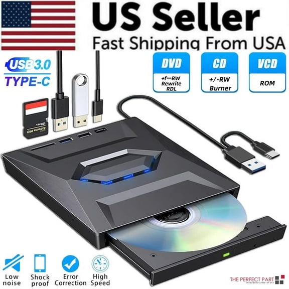 External DVD Drive for Laptop, USB 3.0 Type-C Portable CD/DVD ROM Optical Drive, CD DVD Writer Burner Player for PC Windows 11/10/8/7, Mac OS, Plug and Play, Slim & High Speed