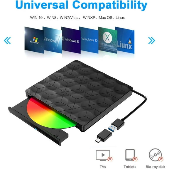 External DVD Drive, Lychee USB 3.0 Type C CD DVD Burner Player Reader Writer Compatible with PC Laptop Desktop MacBook Mac Windows Linux OS, Mac, Black