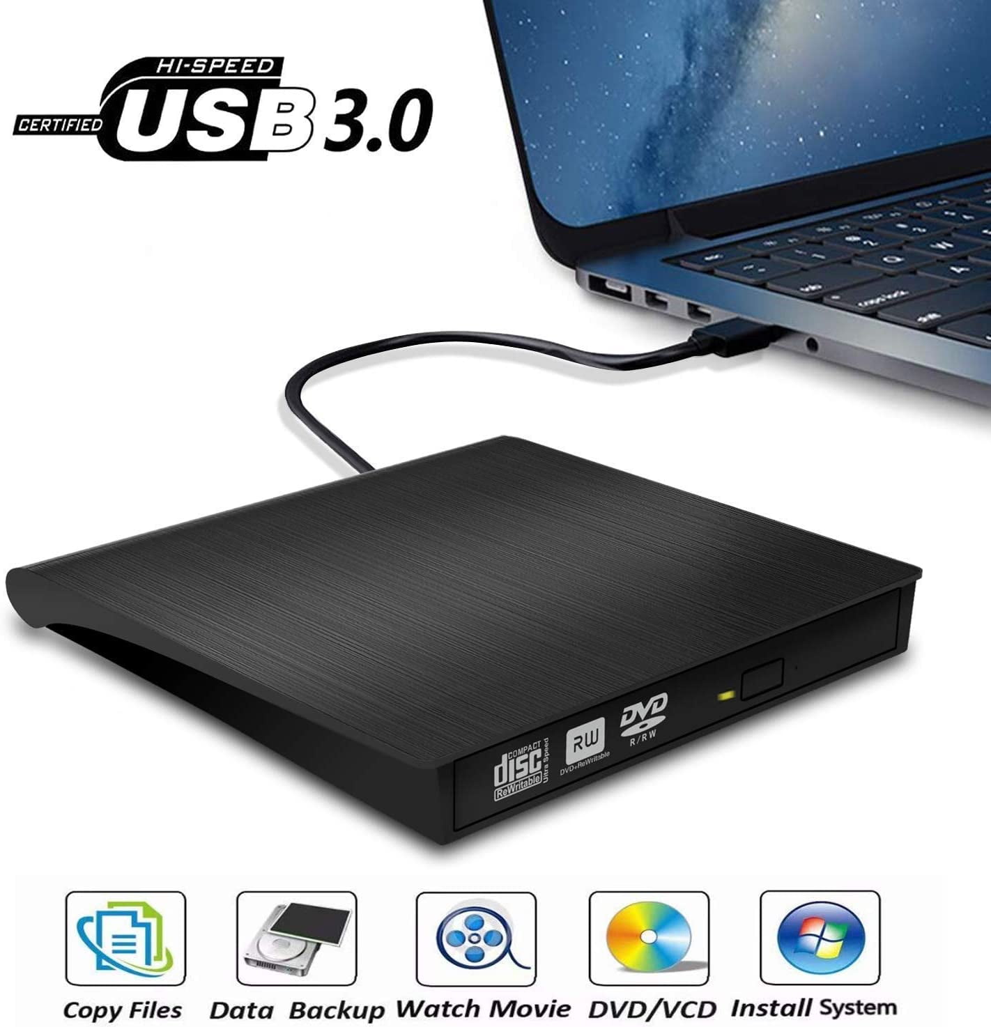 CABLING® Lecteur DVD Externe USB 3.0 Lecteur DVD CD Externe Portable CD DVD  +/-RW ROM Player Ultra Slim Compatib Windows 10/8/7/XP/Vista, Linux