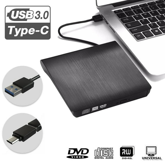 External DVD Drive, USB 3.0 & USB C Portable CD/DVD +/-RW Drive/DVD Player for Laptop CD ROM Burner Compatible with Laptop Desktop PC Windows Linux OS Apple Mac Black