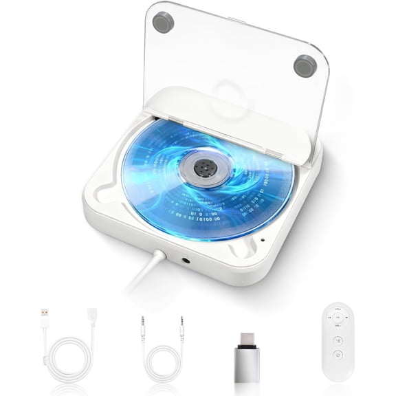 External Portable Car CD Player, USB & AUX Connection, Remote Control, Multi-Device Compatible (White)