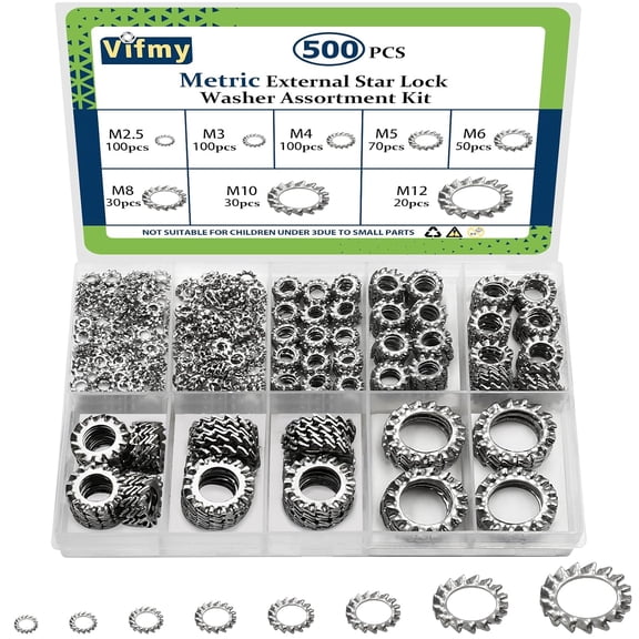 External Tooth Lock Washers Assortment Kit(500 Pack),M2.5 M3 M4 M5 M6 M8 M10 M12 Metric 304 Stainless Steel External Star Washer Sets