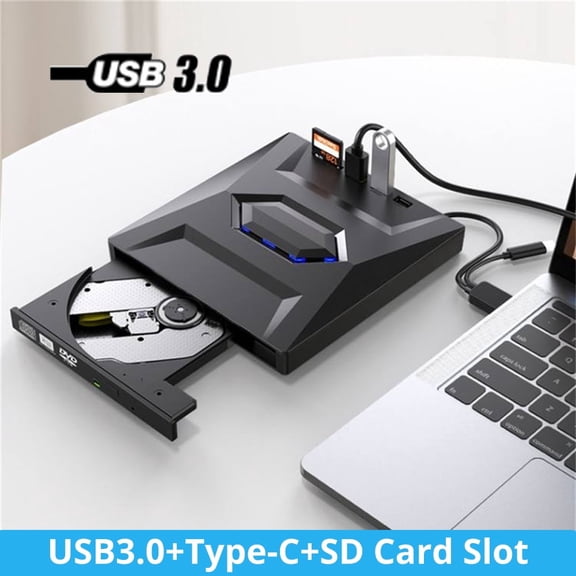 External USB 3.0 Type-C DVD CD Burner Drive With SD Card Reader, Portable Optical Disc Writer For Laptop, Desktop, Mac, Windows, Plug & Play, Silver