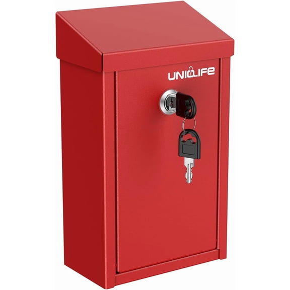 External key drop box, red metal donation box collection box with key lock, safety suggestion box, wall-mounted with top slot mailbox, steel cash drop box, suitable for home office and business