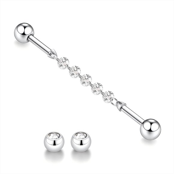 Externally Threaded Industrial Piercing Jewelry Surgical Steel 14G Barbell 38mm Long Scaffold Bar with CZ Cartilage Helix Barbell Earring - Replacement Balls Included