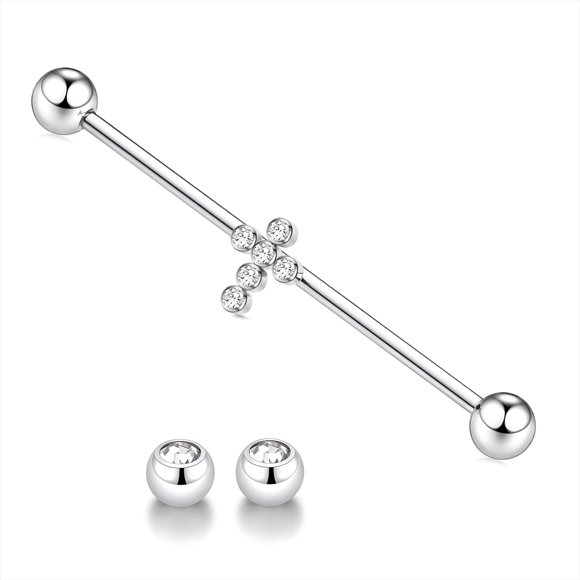 Externally Threaded Industrial Piercing Jewelry Surgical Steel 14G Barbell 38mm Long Scaffold Bar with CZ Cartilage Helix Barbell Earring - Replacement Balls Included