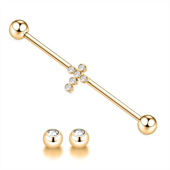 Externally Threaded Industrial Piercing Jewelry Surgical Steel 14G Barbell 38mm Long Scaffold Bar with CZ Cartilage Helix Barbell Earring - Replacement Balls Included
