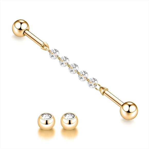 Externally Threaded Industrial Piercing Jewelry Surgical Steel 14G Barbell 38mm Long Scaffold Bar with CZ Cartilage Helix Barbell Earring - Replacement Balls Included