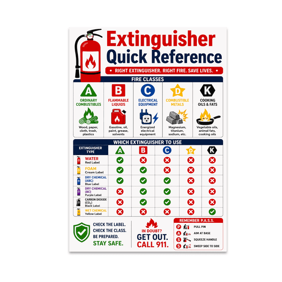 Extinguisher Types Quick Reference - Home Safety Enthusiast - 13x19 Poster Print