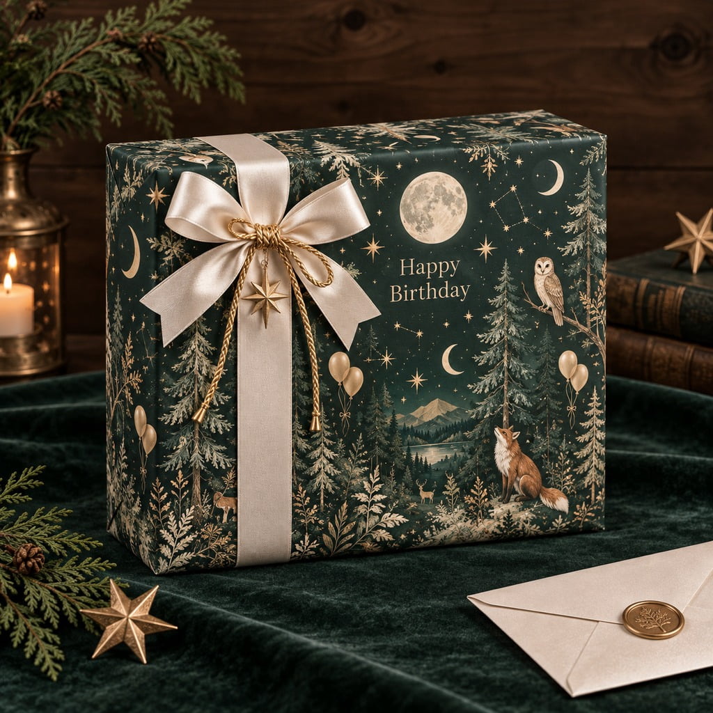 Extra 30-Inch Wide Wrapping Paper Moonlit Cedar Forest Celestial Design ...