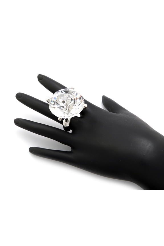Extra Big Clear Rhinestone Stretch Ring in Silver-Tone, Clear/Silver-Tone
