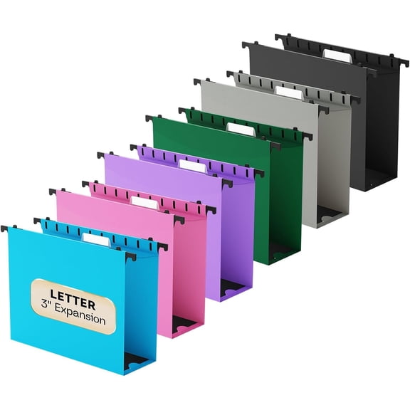 Extra Capacity File Folder Letter Size,3" Expansion Plastic File Organizer for Filing Cabinet Folders Office ,Reinforced Black Heavy Duty Hang Folders with Tabs,12 Pack