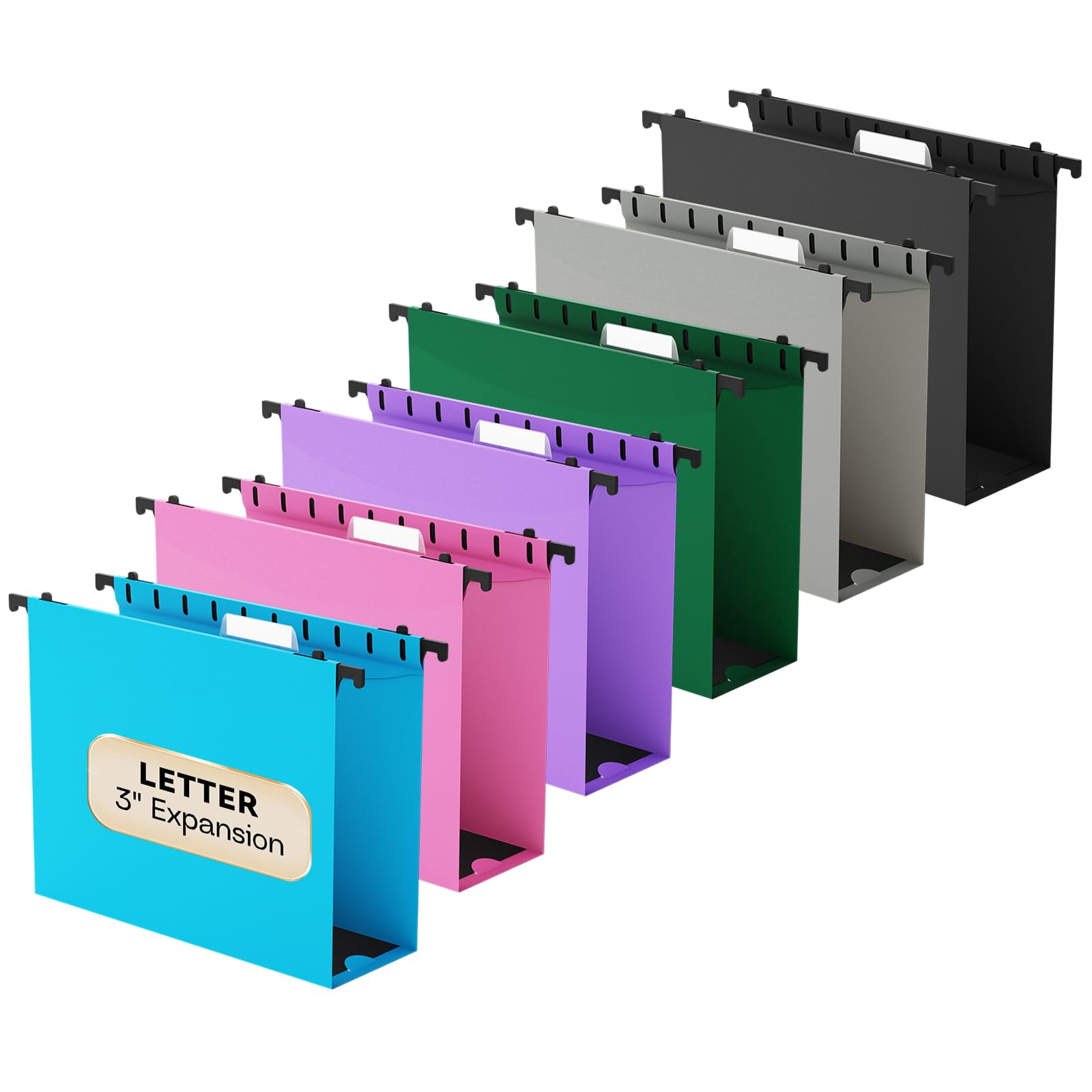 Extra Capacity Hanging File Folder Letter Size 3" Expansion Plastic Organizer For Filing Cabinet Folders Office Home Reinforced Black Heavy Duty Hang With Tabs 12 Pack